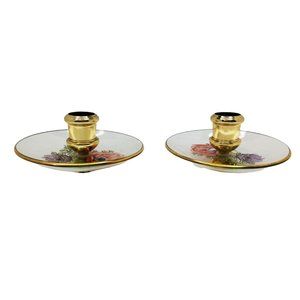 Vintage Chance Glass Candlestick Holder Set with Poppy Flowers and Gold Rim 5" d